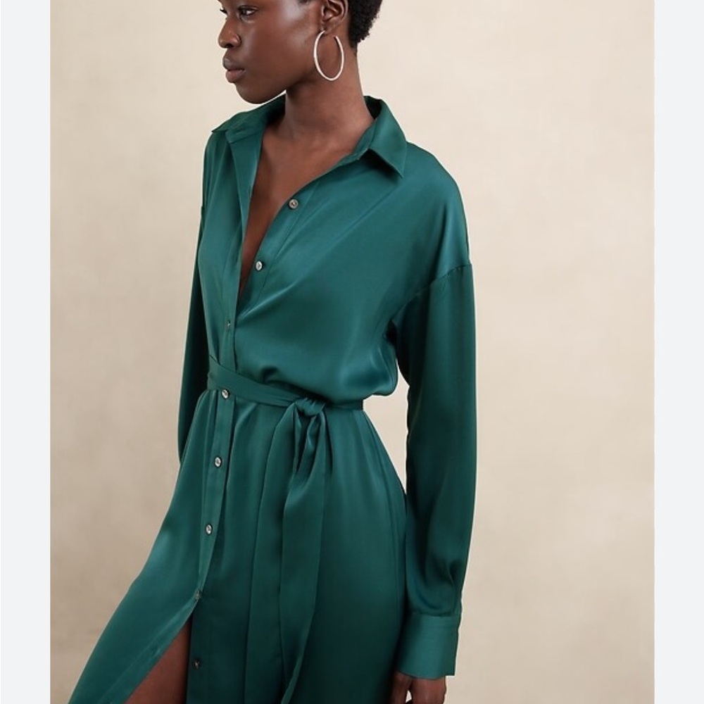 Emerald Green Satin look Shirt Dress